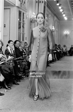 Galanos Spring 1972 Red Silk Chiffon Layered Dress with Flower Appliqué
