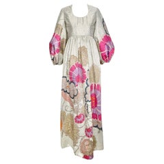 Bill Blass 1969 Silver Brocade Floral Long Sleeve Documented Full Length Dress