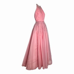 Loris Azzaro – Rosa-silbernes, mit Perlen besticktes Fit-and-Flare-Kleid mit hohem Neckholder-Ausschnitt aus den 1970er Jahren