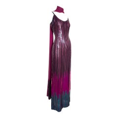 Ruben Panis 1970's Fuchsia Ombre Sequin Disco Column Gown With Shawl Scarf