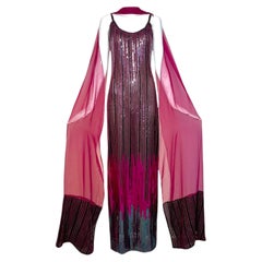 Ruben Panis 1970's Fuchsia Ombre Sequin Disco Column Gown With Shawl Scarf