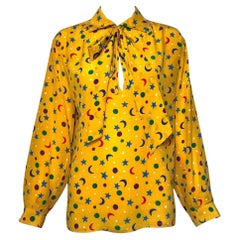 Yves Saint Laurent Spring 1979 Yellow Celestial Stars and Moon Silk Blouse