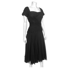 Ceil Chapman 1950's Black Silk Chiffon Ruched Fit and Flare Cocktail Dress