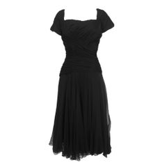 Ceil Chapman 1950's Black Silk Chiffon Ruched Fit and Flare Cocktail Dress
