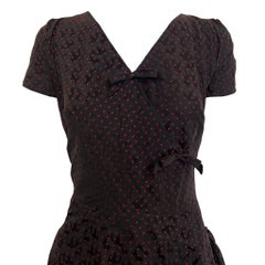 Mainbocher 1940's Red and Black Silk Brocade Polka Dot Cocktail Dress