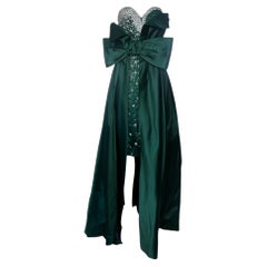 Abito senza spalline Balestra Roma Couture degli anni '80 in raso verde smeraldo con strass