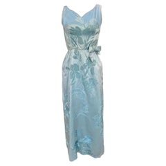1950's Light Blue Silk Satin and Cut Velvet Evening Gown