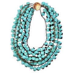 Miriam Haskell 1930's Rare Turquoise Glass Bead Four Strand Bib Necklace