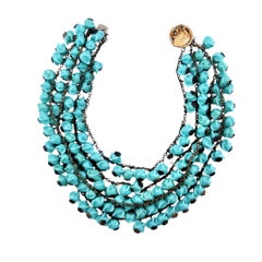 Miriam Haskell 1930's Rare Turquoise Glass Bead Four Strand Bib Necklace