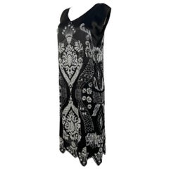 1920's Art Deco Charcoal Black Satin Silk Evening Dress with White Beading