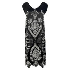 1920's Art Deco Charcoal Black Satin Silk Evening Dress with White Beading