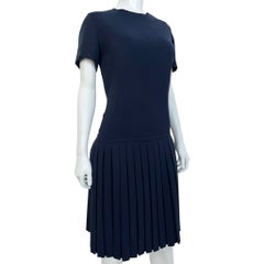 Pierre Balmain Haute Couture 1960's Navy Blue Wool Pleated Drop Waist Day Dress
