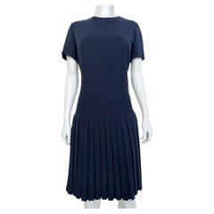 Pierre Balmain Haute Couture 1960's Navy Blue Wool Pleated Drop Waist Day Dress
