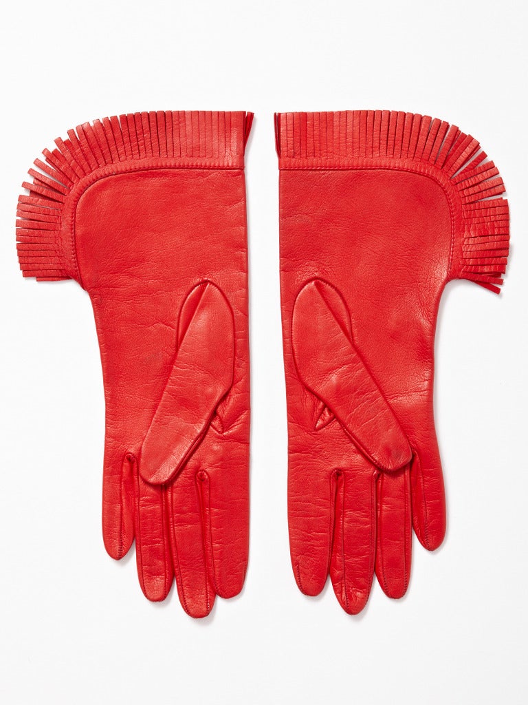 Red Yves Saint Laurent Fringed Leather Gloves