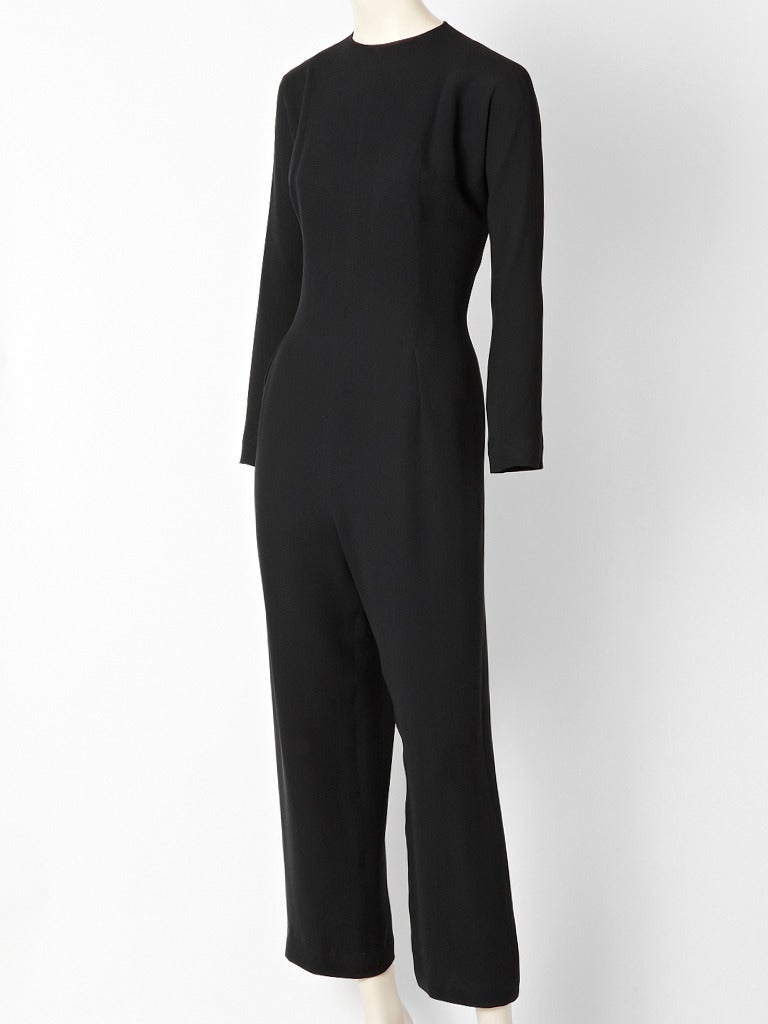 Geoffrey Beene, black, silk crepe fitted jumpsuit, with jeweled neckline and wide leg pant.