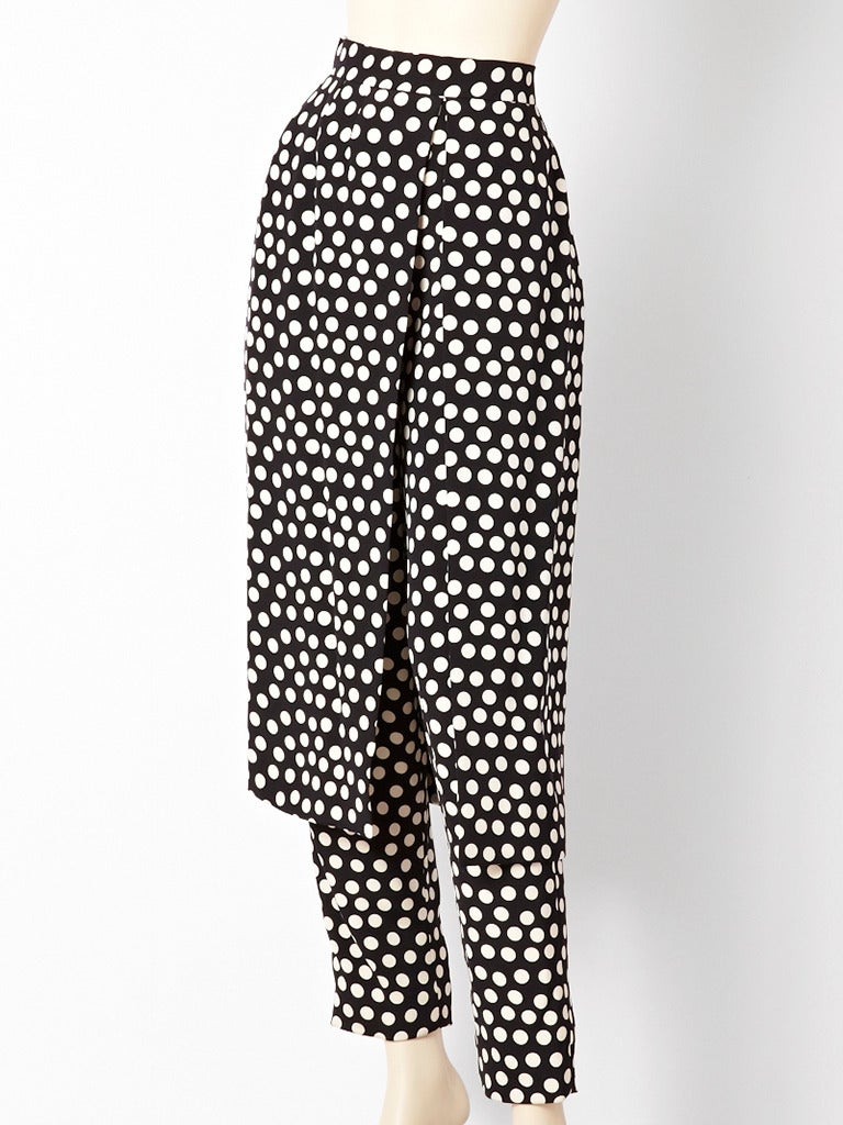 Bill Blass, heavy silk crepe, black and white,  polka dot, pant with attached skirt.