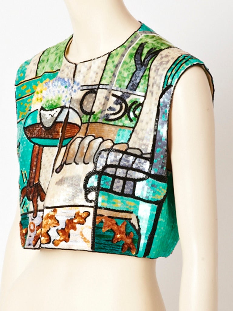Bill Blass colorful sequined and beaded, pictorial vest with a surrealist theme.