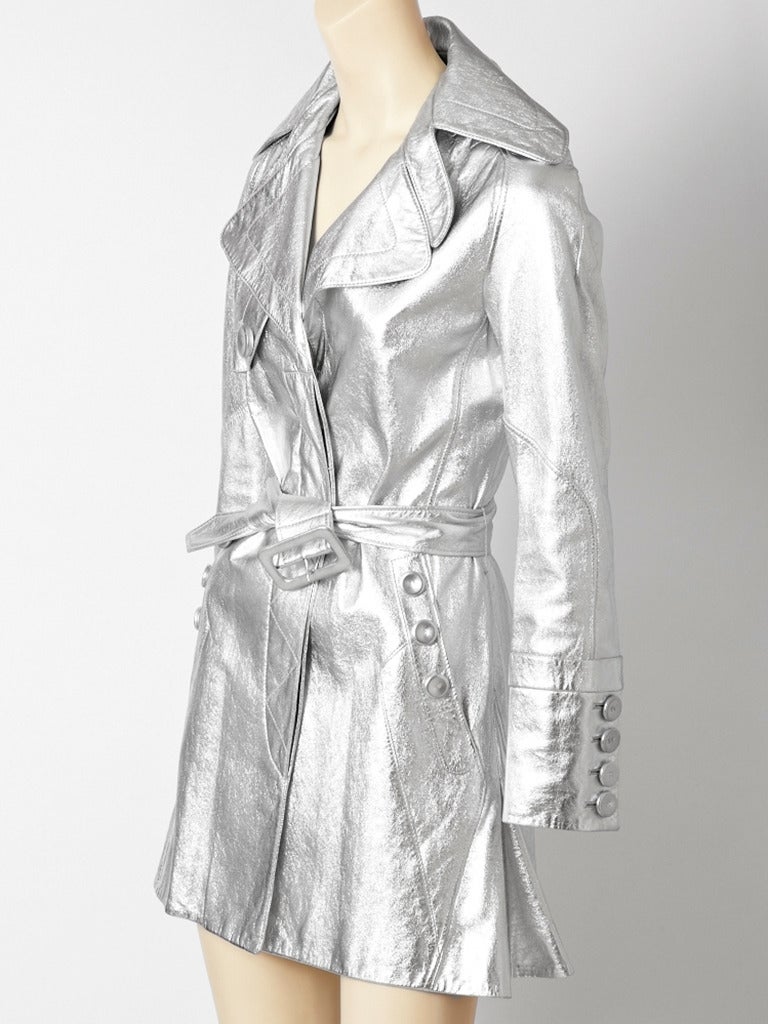 John Galliano, silver, leather, 70's inspired, fitted, belted, mini trench with wide lapel collar. Very Soft leather.....