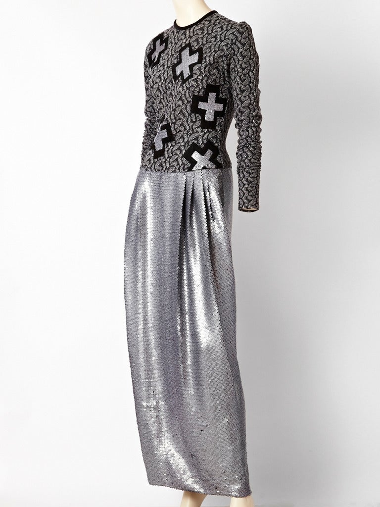 Koos, sequined and knit evening gown with a silver sequined skirt and knit 