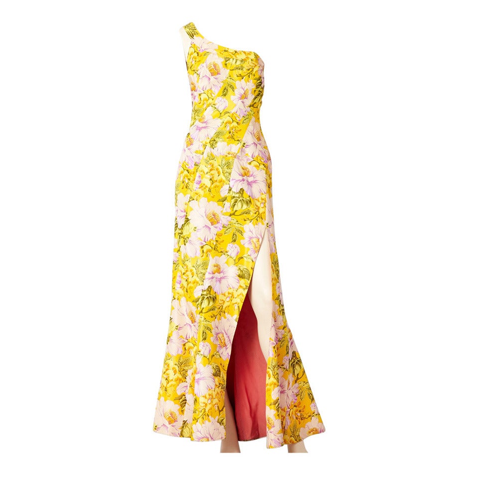 John Galliano Floral Print One Shoulder Gown