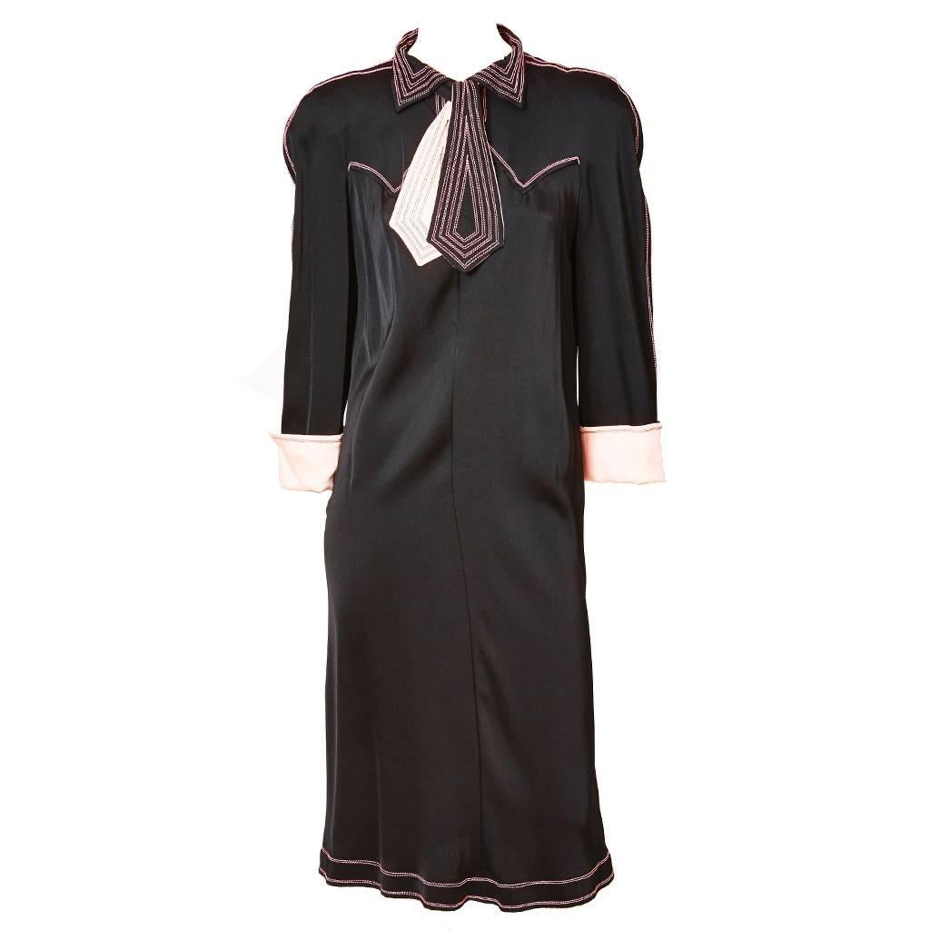 Jean Muir Crepe Dress With Pink Topstitching Detail