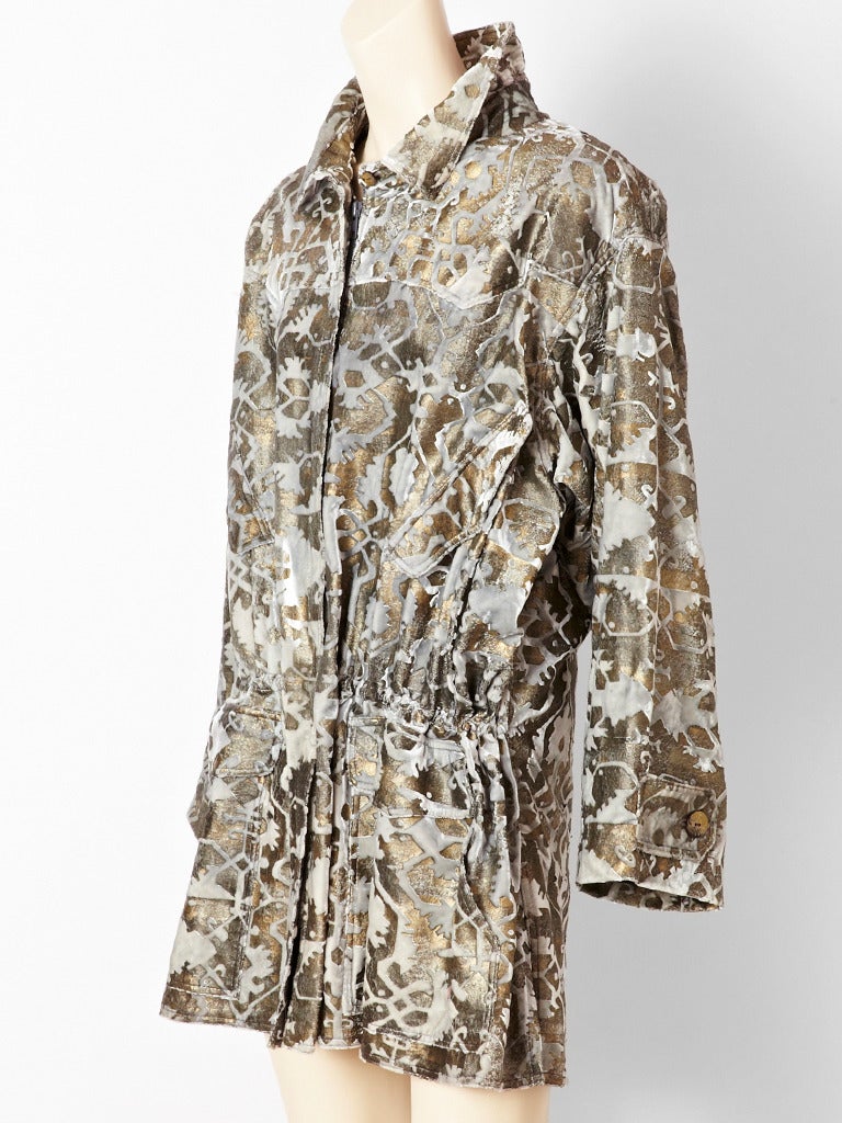 Bill Blass, Fortuny, inspired, stenciled velvet, fabric, anorak style jacket in subtle shades of blue- gray velvet with a metallic  silver stencil.