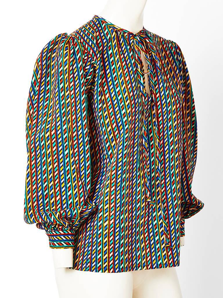 Yves Saint Laurent, multi tone, geometric pattern peasant blouse, C. 1970's.