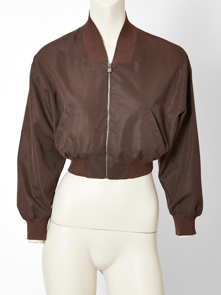 Martin Margiela for Hermès, brown, silk shantung, bomber jacket, having a front zipper closure with knitted cuffs and waist.