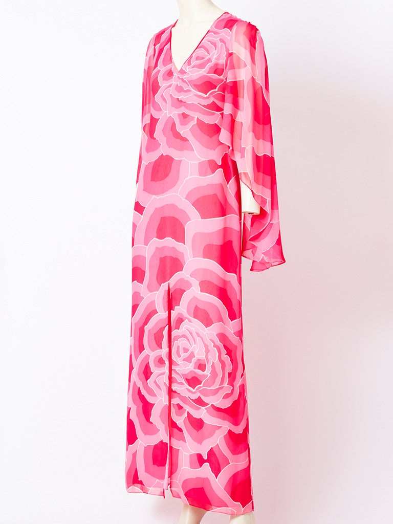 Hanae Mori, pink and fuchsia, large floral print, chiffon maxi dress with deep V neckline and 