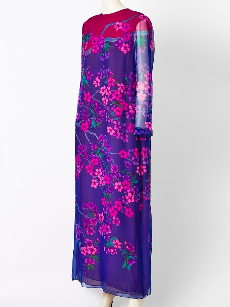 Hanae Mori, floral print, chiffon, long sleeve, jeweled neckline, dress, in lovely shades of purples, fuchsia, and pinks. Dress has a solid fuchsia, chiffon under layer and then a silk, flesh toned layer against the skin.