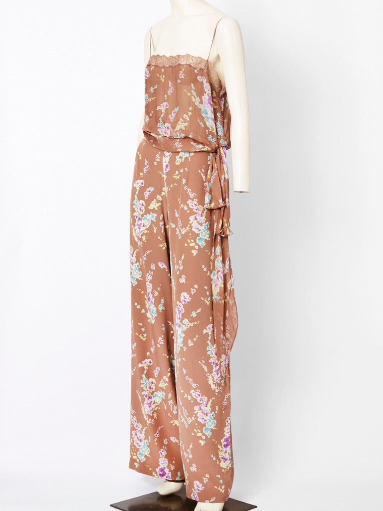 Ungaro, mocha colored, floral silk and chiffon 3 piece ensemble. Wide leg silk pant, silk chiffon, blousson, camisole top with lace trim at the top and supple chiffon tie at the hip and matching chiffon shawl with ecru lace trim. Pants are lined in