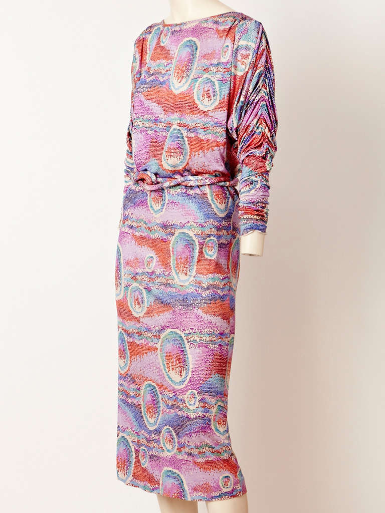 Missoni, lightweight, printed silk knit, long sleeve, shift dress, with a bateau heckling and a corded rope style belt.
