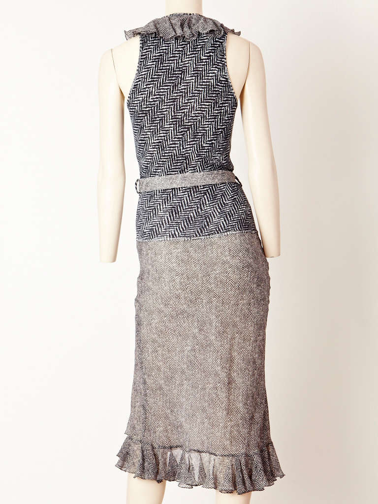 John Galliano Herringbone Pattern Jersey and Chiffon Dress In Excellent Condition In New York, NY