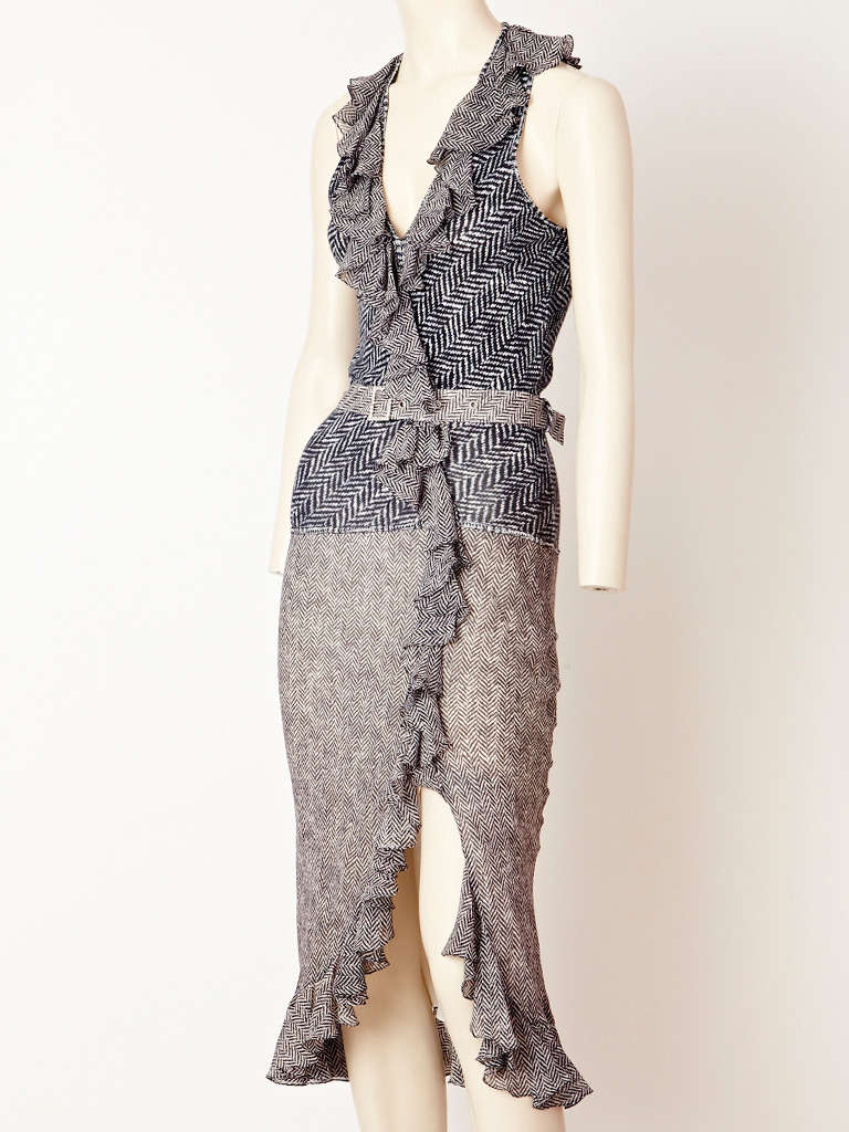 John Galliano Herringbone Pattern Jersey and Chiffon Dress