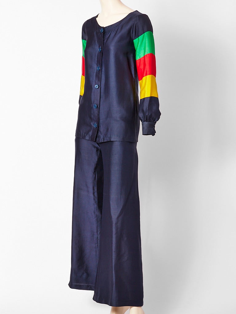 Jean Patou, navy, raw silk, pant ensemble. Button front, scoop neck, top with banded, color block, sleeve detail. Pants are flared.