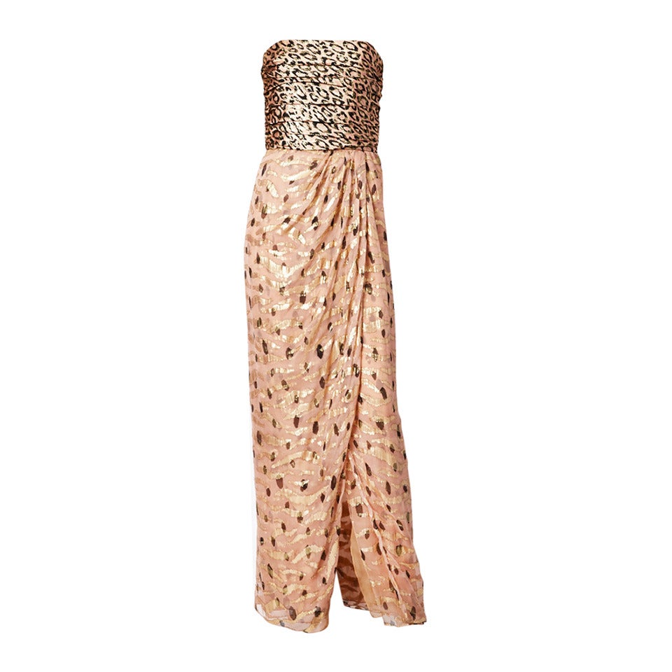 Bill Blass Strapless Leopard Print Lame and Chiffon Gown