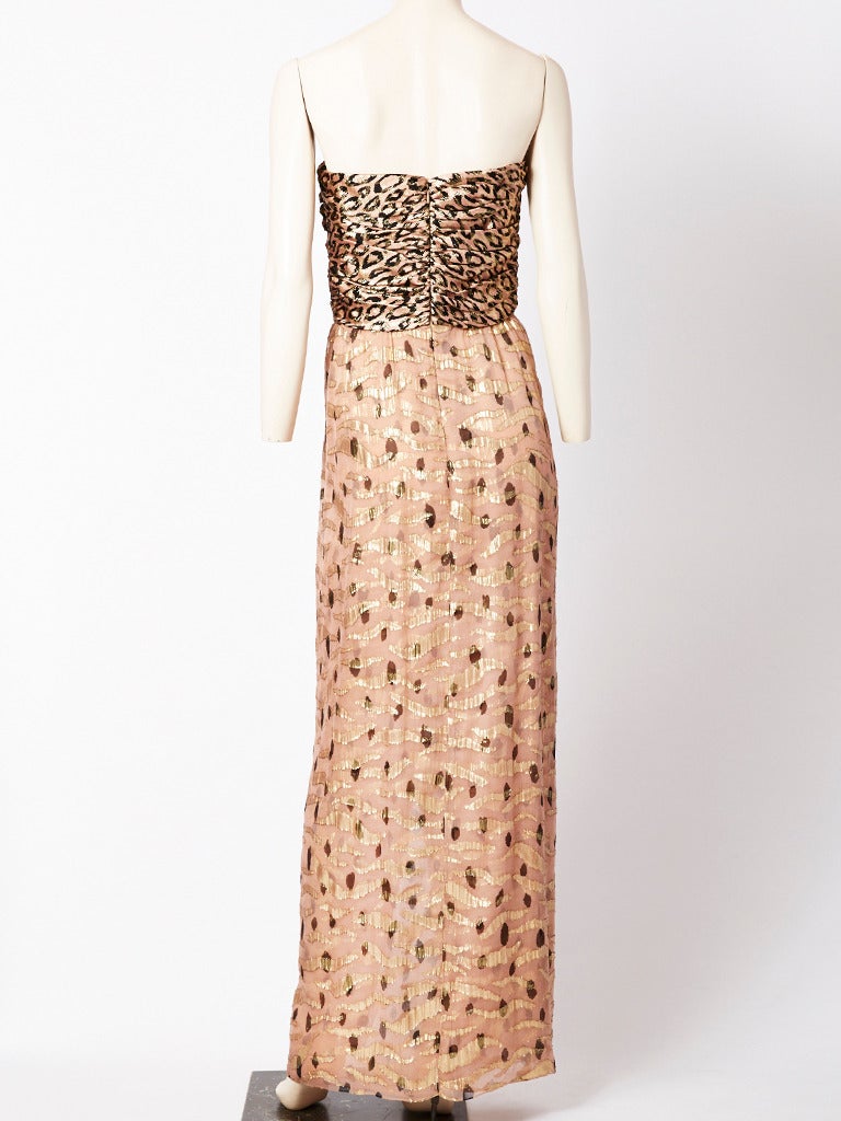 Beige Bill Blass Strapless Leopard Print Lame and Chiffon Gown