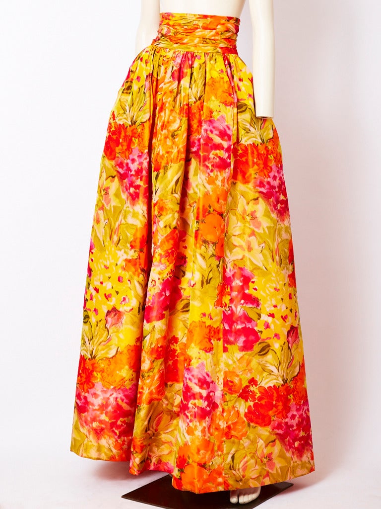 Oscar de la Renta, chine taffeta, floral, vibrant, pattern ball skirt, with cummerbund waist and side pockets.