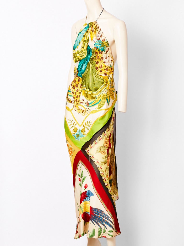 Ferragamo, silk, scarf print, bias cut, halter, neck long dress.