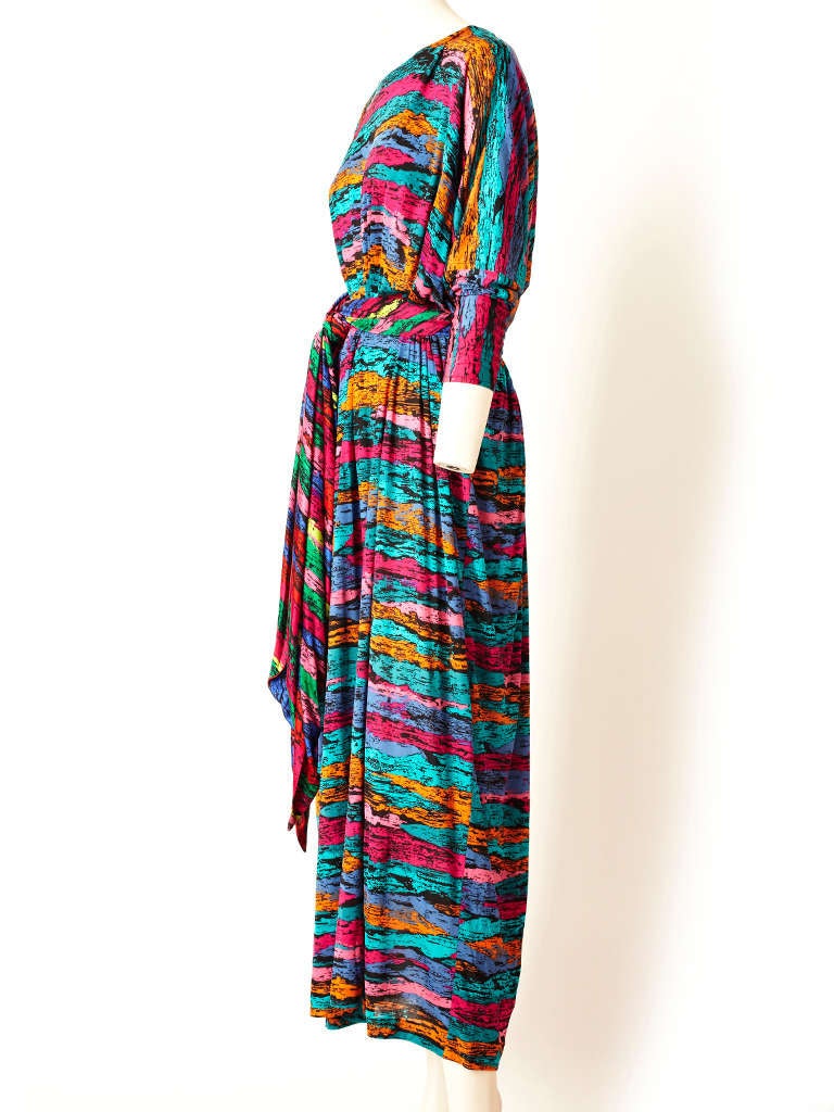 Missoni, multicolored, abstract pattern, silk knit, cocktail dress. Long, dolman sleeves, tent shaped with wide sash.