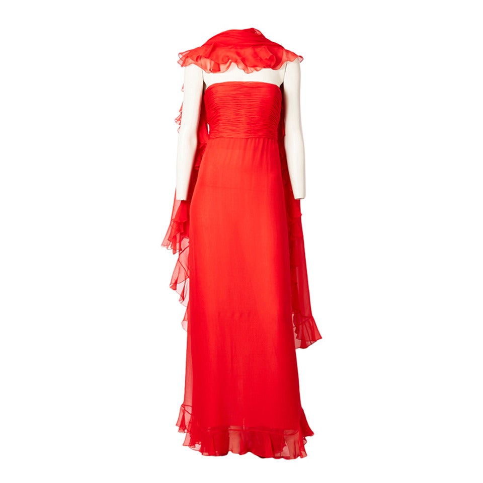 Oscar de la Renta Chiffon Gown with Ruffled Shawl