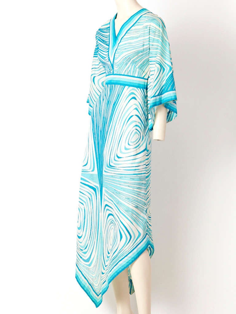 Pucci, turquoise and white, cotton summer dress with asymmetric, triangular hem. Bodice is fitted, with a 
