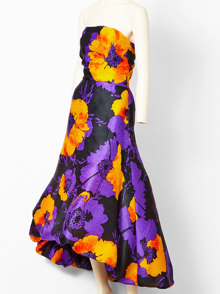 Purple Scassi Floral Print Evening Dress With Balloon Hem