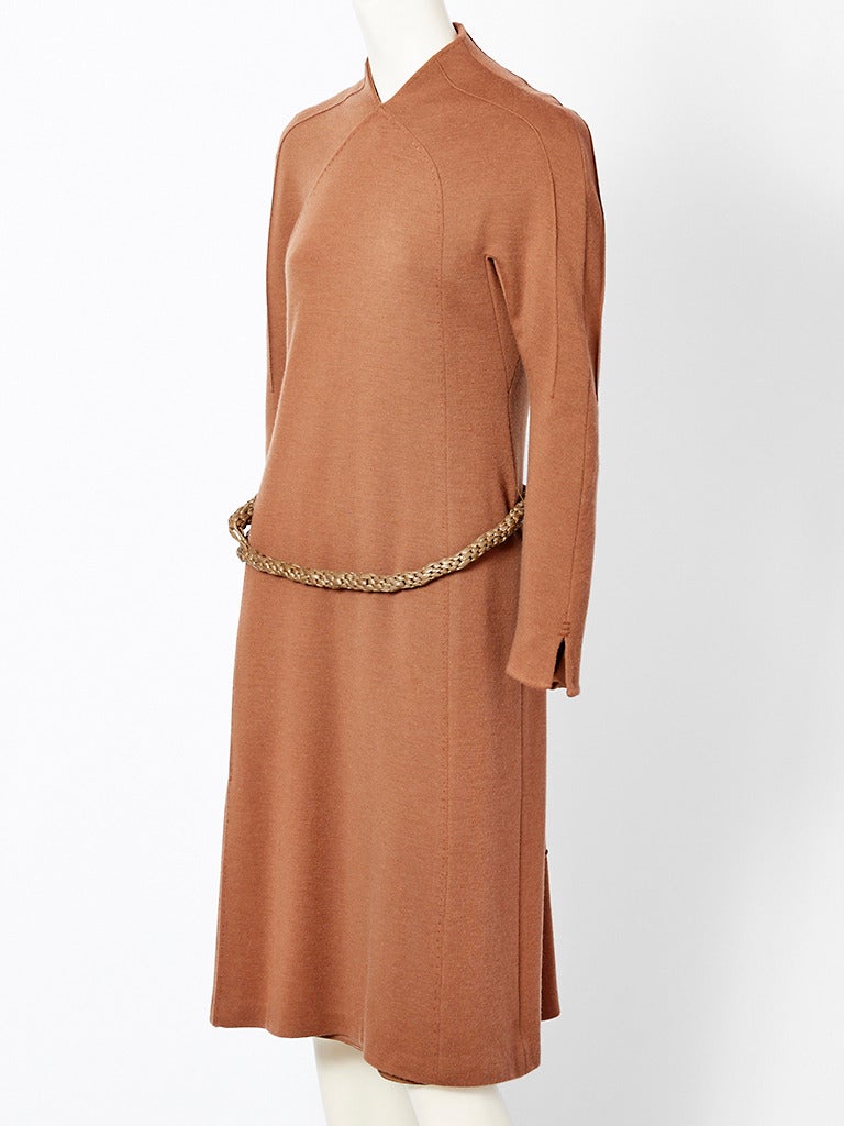 Chado Ralph Rucci, toast color, wool knit day dress, having an A line shape with signature 