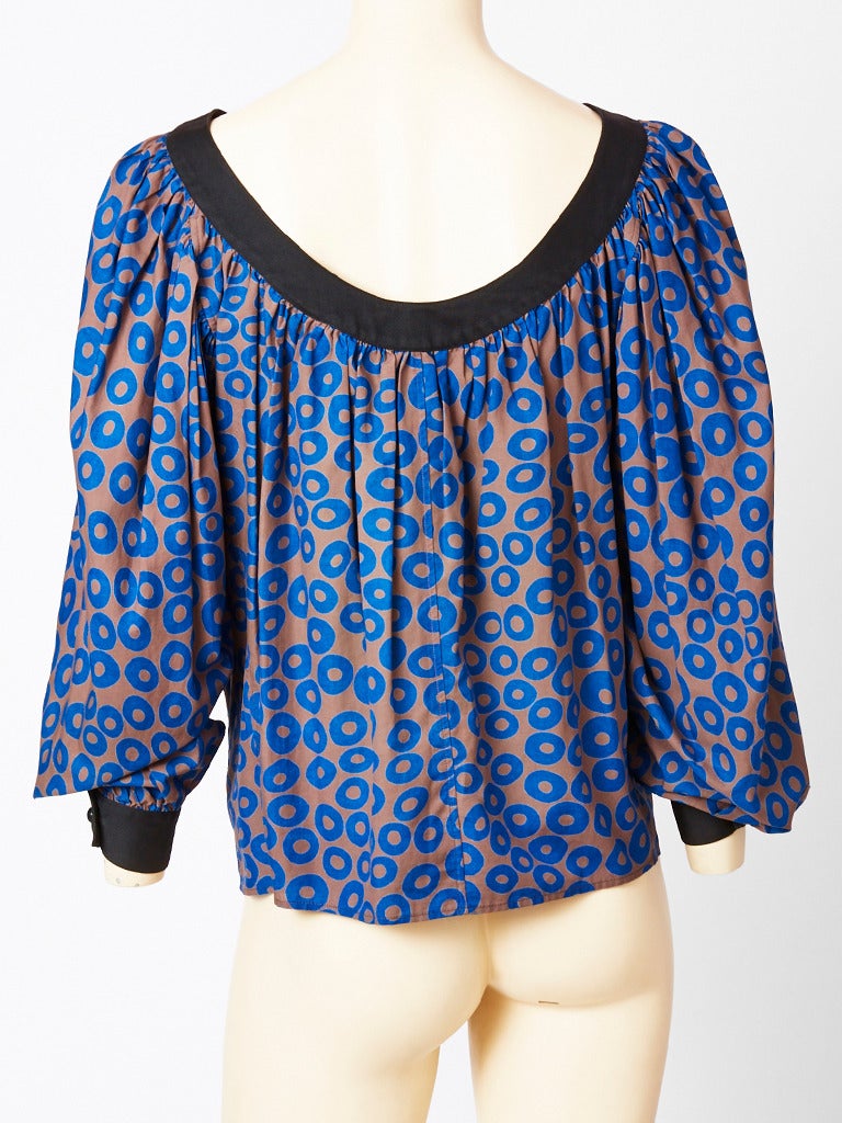 Blue Yves Saint Laurent Printed Cotton Smock Blouse