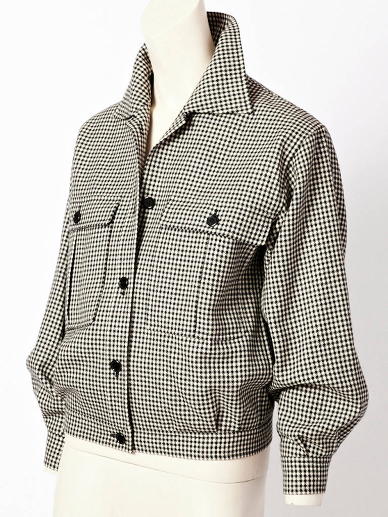 Yves Saint Laurent, black and white, wool, houndsthooth check, blouson, bomber jacket with large pockets at the best.