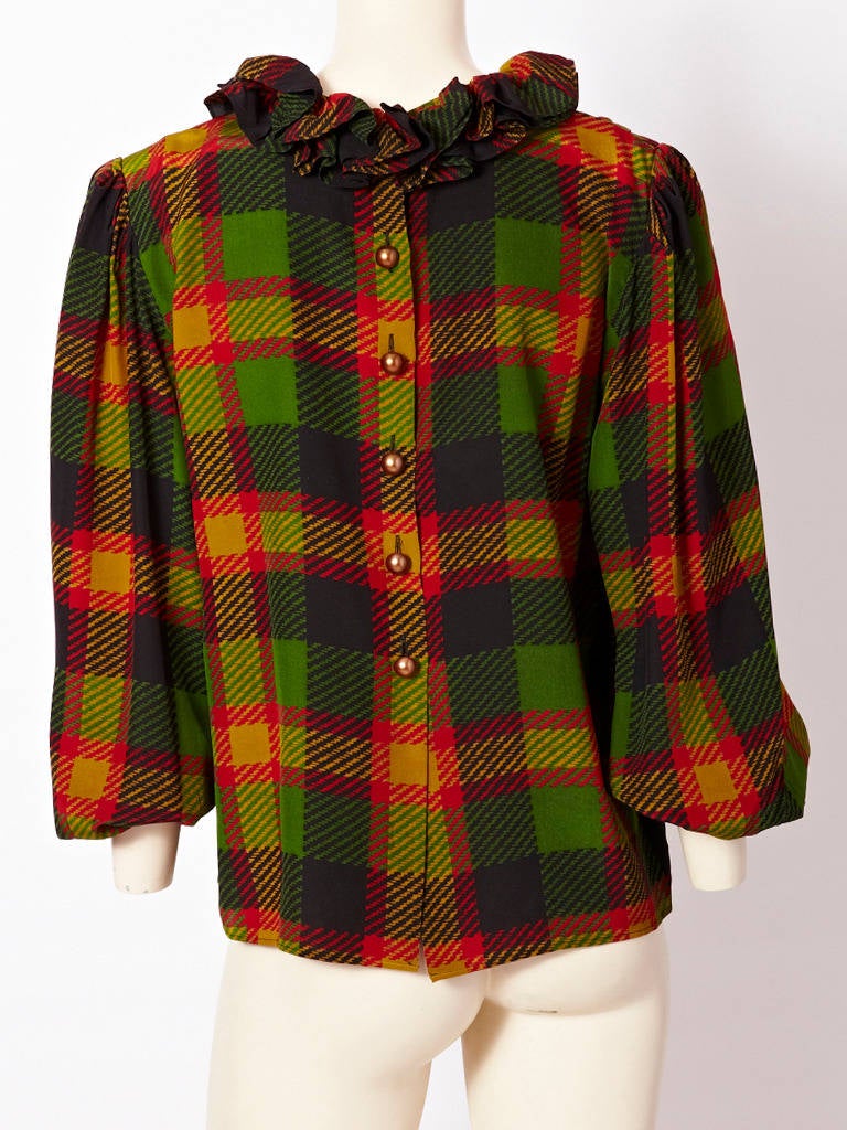 YSL Silk Plaid Blouse With Pierrot Collar In Excellent Condition In New York, NY