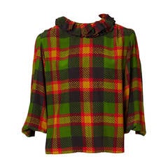Vintage YSL Silk Plaid Blouse With Pierrot Collar