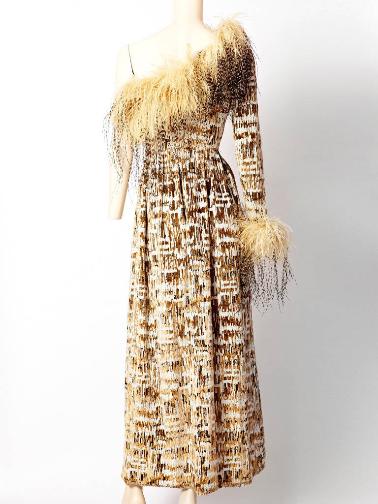 Beige Bill Blass velvet one shoulder gown with ostrich feathers