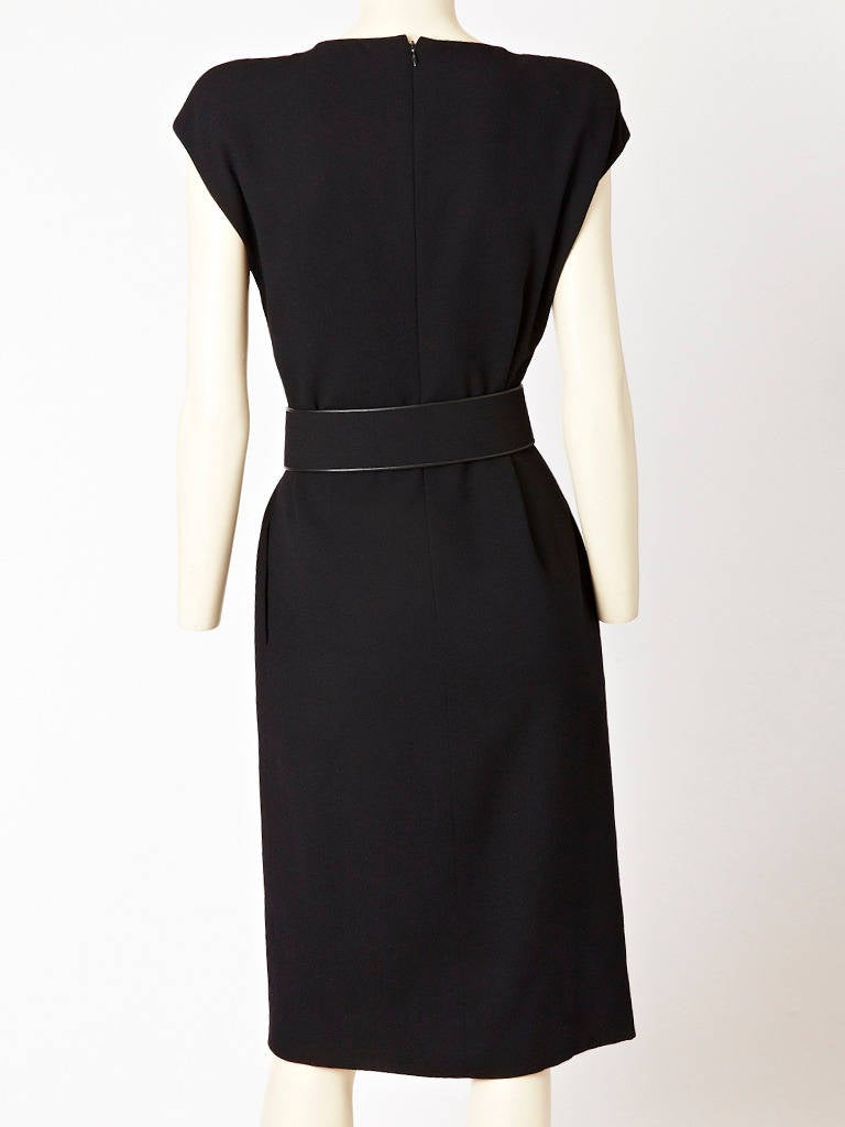 Galanos Black Wool Crepe Belted Sheath Dress In Excellent Condition In New York, NY